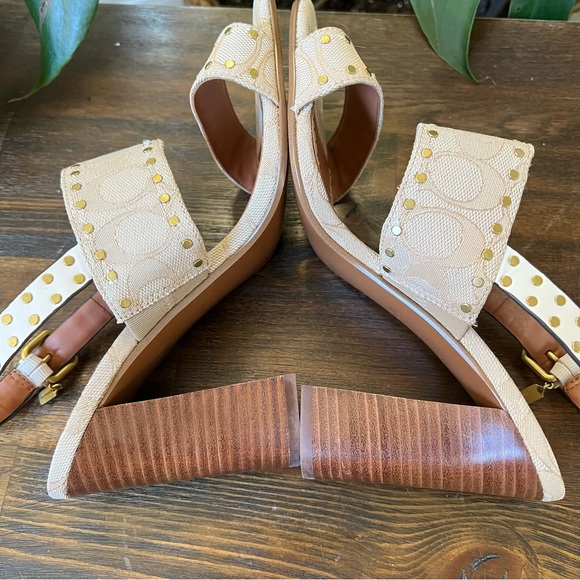 Coach Rylie Beige C Monogram Fabric Studded Leather Block Sandal Heels - Picture 7 of 12